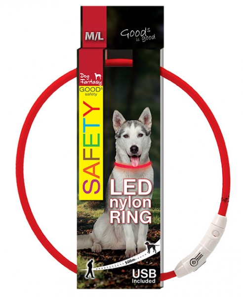 Obojek 65cm DF LED nylonový světelný červený M/L